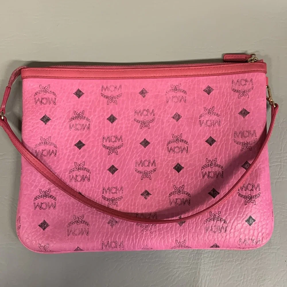MCM Dark Pink Leather Visetos Large Pouchette Shoulder Bag Wristlet - Picture 10 of 12